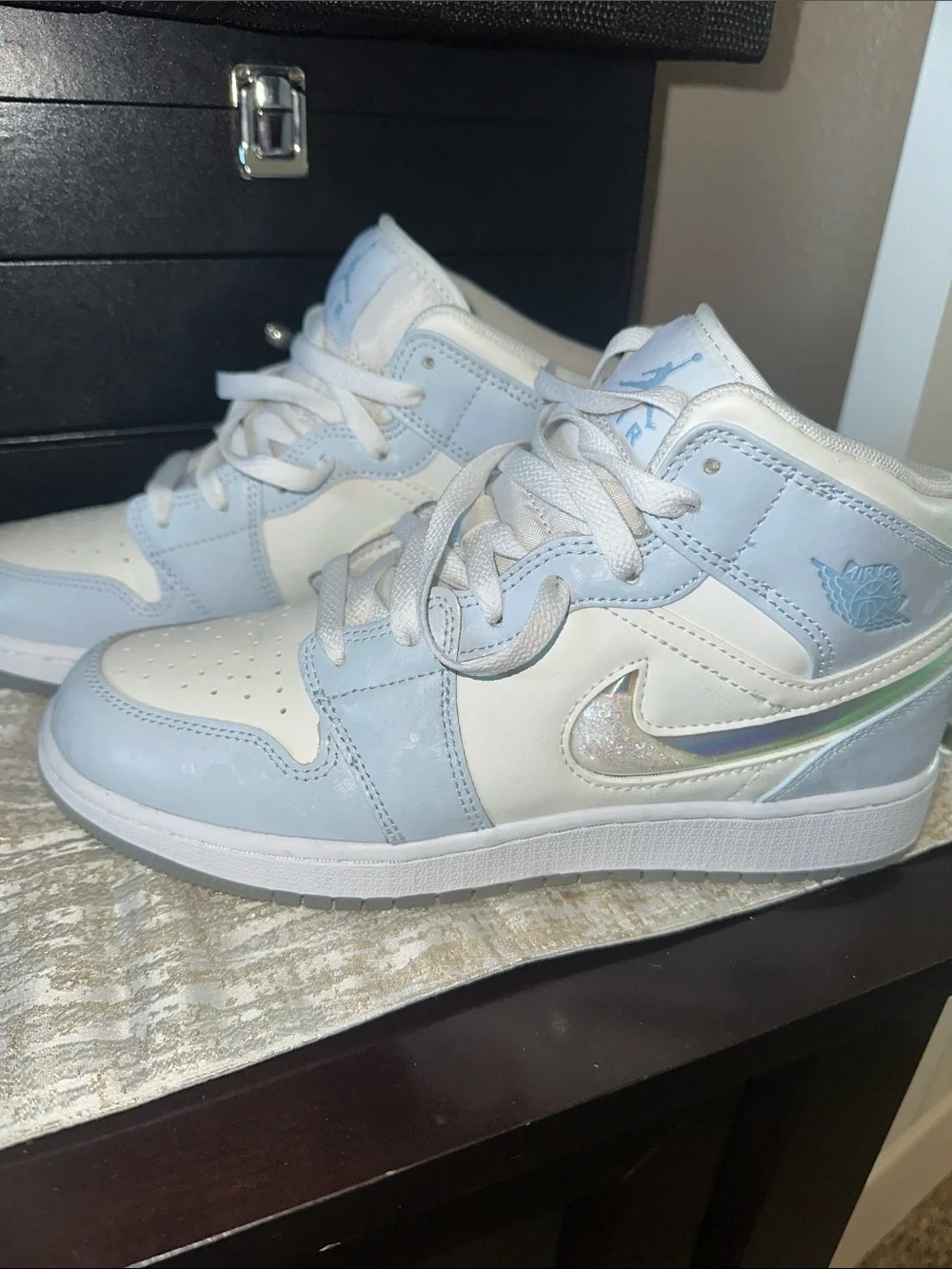 Jordan Kids High-Top Sneakers in White and Light Blue